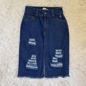 CKlass Denim Midi Skirt Distressed Denim Skirt Knee Length Skirt Midi Je…